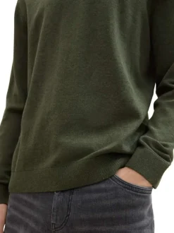 Pull en coton kaki uni avec une coupe droite un col rond et logo brodé