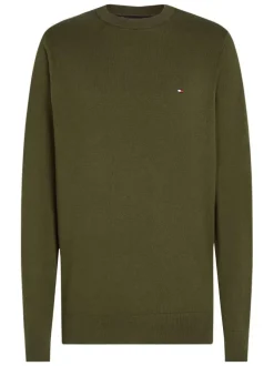 Pull en coton kaki uni avec une coupe droite un col rond et un logo brodé