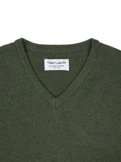 Pull en coton kaki uni à col v avec le nom de la marque en petit