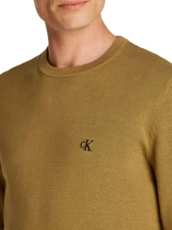 Pull en coton kaki uni en maille avec une coupe ajustée et un col rond