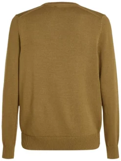 Pull en coton kaki uni en maille avec une coupe ajustée et un col rond