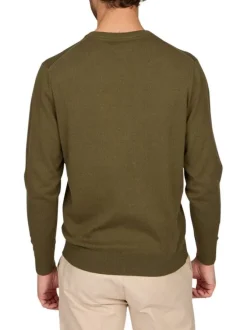 Pull en coton kaki uni pourvu d'un col rond et de manches longues