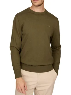 Pull en coton kaki uni pourvu d'un col rond et de manches longues