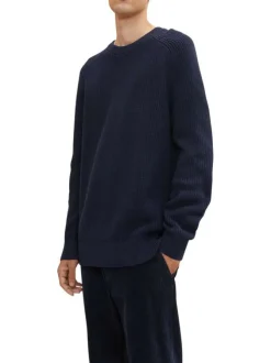 Pull en coton maille jersey marine avec une coupe droite et col rond