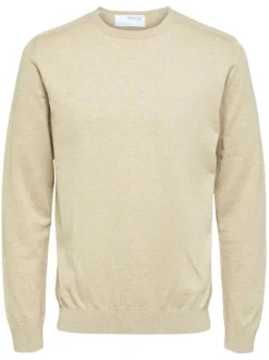 Pull en coton maille piquée beige avec une coupe droite et col rond