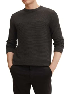 Pull en coton maille serrée noir uni à coupe droite et col rond