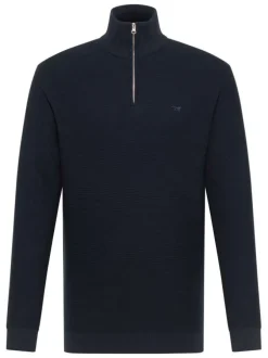 Pull en coton marine avec un col camionneur à zip et des manches longues