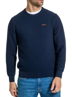 Pull en coton marine avec une coupe regular fit un col rond et logo brodé