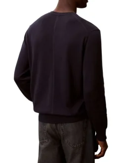 Pull en coton marine à coupe ajustée pourvu d'un col rond côtelé