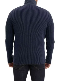 Pull en coton marine en maille côtelée pourvu d'un col camionneur zippé