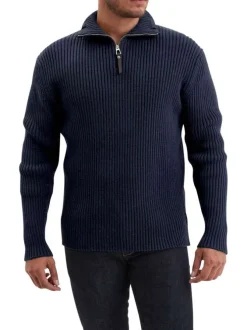 Pull en coton marine en maille côtelée pourvu d'un col camionneur zippé