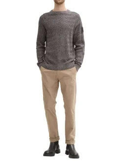 Pull en coton marine moucheté droit à col rond en mailles zigzag