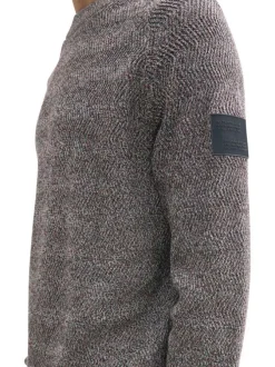 Pull en coton marine moucheté droit à col rond en mailles zigzag