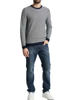Pull en coton marine à rayures avec une coupe droite et un col rond
