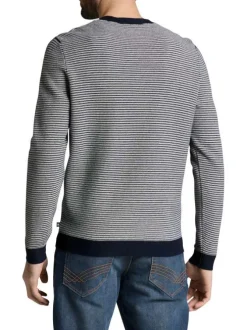 Pull en coton marine à rayures avec une coupe droite et un col rond