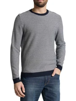 Pull en coton marine à rayures avec une coupe droite et un col rond