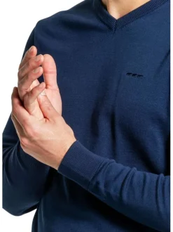 Pull en coton marine uni avec un col v et une coupe regular fit