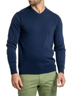 Pull en coton marine uni avec un col v et une coupe regular fit