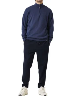Pull en coton marine uni avec un col zippé et des manches longues
