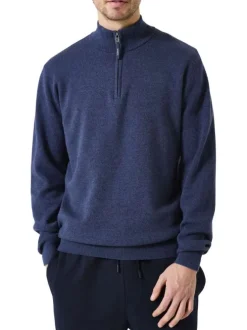Pull en coton marine uni avec un col zippé et des manches longues