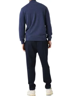 Pull en coton marine uni avec un col zippé et des manches longues