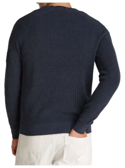 Pull en coton marine uni avec une coupe droite et logo de la marque