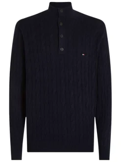 Pull en coton marine uni avec une coupe droite et un col camionneur boutonné