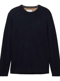 Pull en coton marine uni avec une coupe droite et un col rond