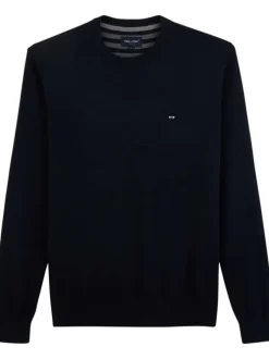 Pull en coton marine uni avec une coupe droite et un col rond