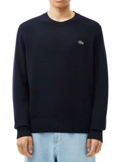 Pull en coton marine uni avec une coupe droite un col rond et à logo brodé