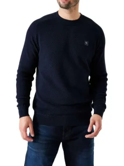Pull en coton marine uni avec une coupe droite un col rond et un logo cousu
