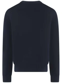 Pull en coton marine uni à coupe ajustée avec un logo brodé sur la poitrine