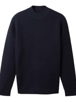 Pull en coton marine uni coupe droite avec un col montant et maille gaufrée