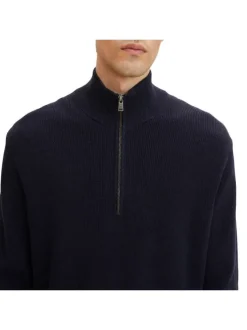 Pull en coton marine uni coupe droite col camionneur