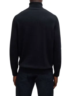 Pull en coton marine uni droit avec patch et col roulé en côtes