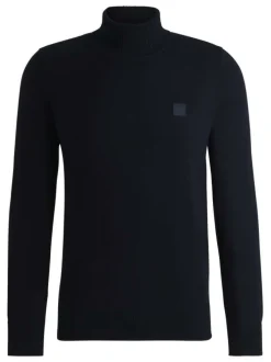 Pull en coton marine uni droit avec patch et col roulé en côtes
