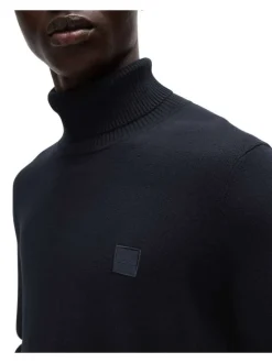 Pull en coton marine uni droit avec patch et col roulé en côtes