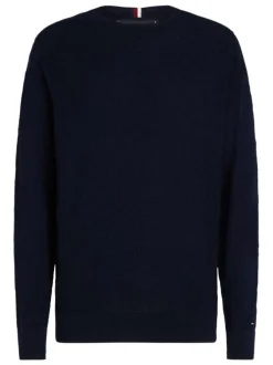 Pull en coton marine uni en maille croisée avec une coupe droite et un col rond