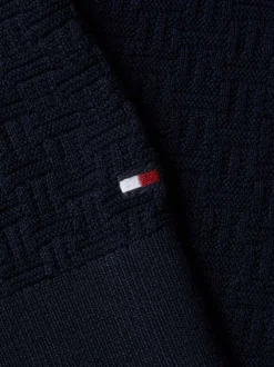Pull en coton marine uni en maille croisée avec une coupe droite et un col rond