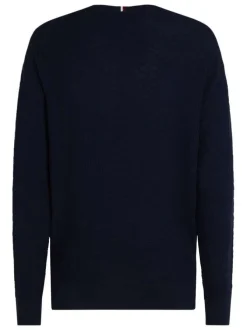 Pull en coton marine uni en maille croisée avec une coupe droite et un col rond
