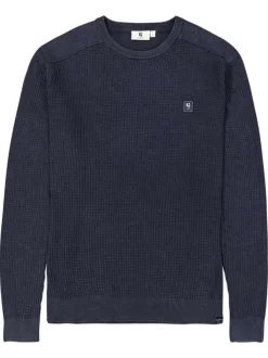 Pull en coton marine uni en maille tricotée avec patch de la marque