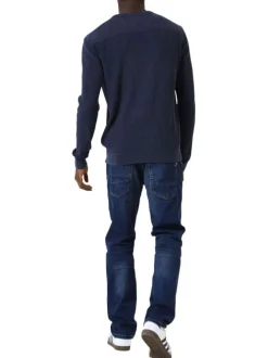 Pull en coton marine uni en maille tricotée avec patch de la marque