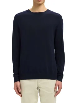 Pull en coton marine uni pourvu d'une coupe droite et d'un col rond