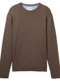 Pull en coton marron uni avec une coupe droite un col rond et logo brodé