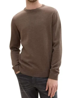 Pull en coton marron uni avec une coupe droite un col rond et logo brodé