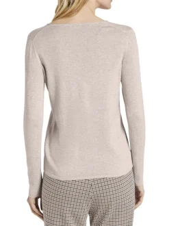 Pull en coton mélangé beige uni avec une coupe droite et un col v