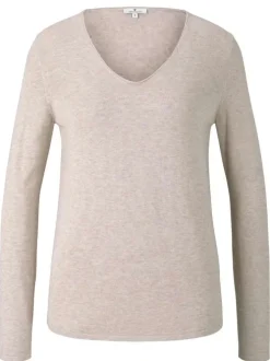 Pull en coton mélangé beige uni avec une coupe droite et un col v