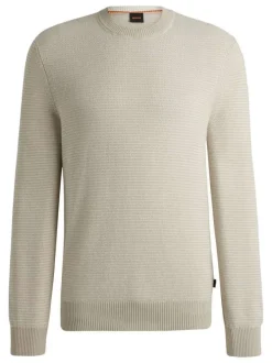 Pull en coton mélangé beige uni rayé avec une coupe droite et col rond en côtes