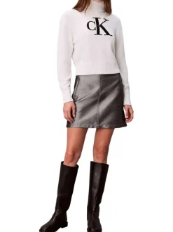 Pull en coton mélangé blanc en maille avec un col roulé et logo noir brodé