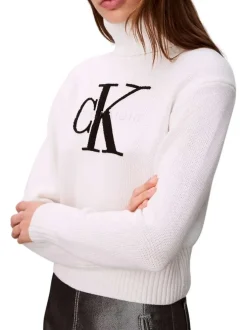 Pull en coton mélangé blanc en maille avec un col roulé et logo noir brodé